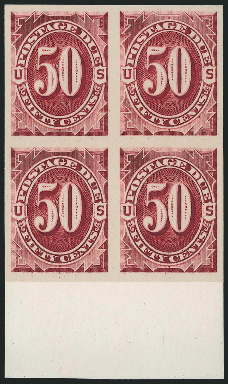 1c-50c 1891-93 Postage Due, Plate Proofs on Card and India (J22P3-J28P3, J22P4-J28P4).> Former horizontal blocks of eight, each with side sheet margin, latter blocks of four on original card backing and huge
card margins at bottom, fabulous margins a