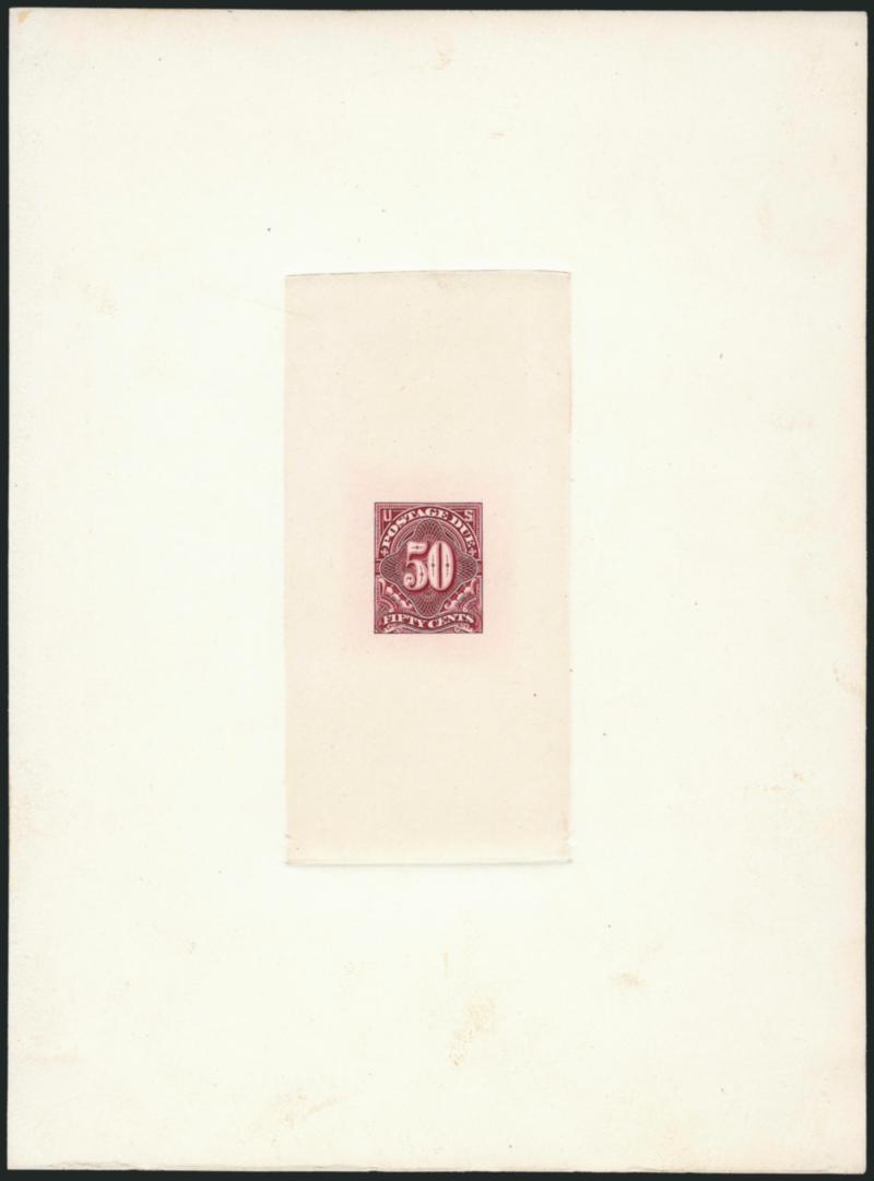 1c-50c Claret, 1894 Postage Due, Large Die Proofs (J31P1-J37P1).> Die sunk on 150 x 200mm cards, 2c and 3c light hinge stains on card part well-clear of dies, 50c some very trivial soiling, otherwise Extremely
Fine