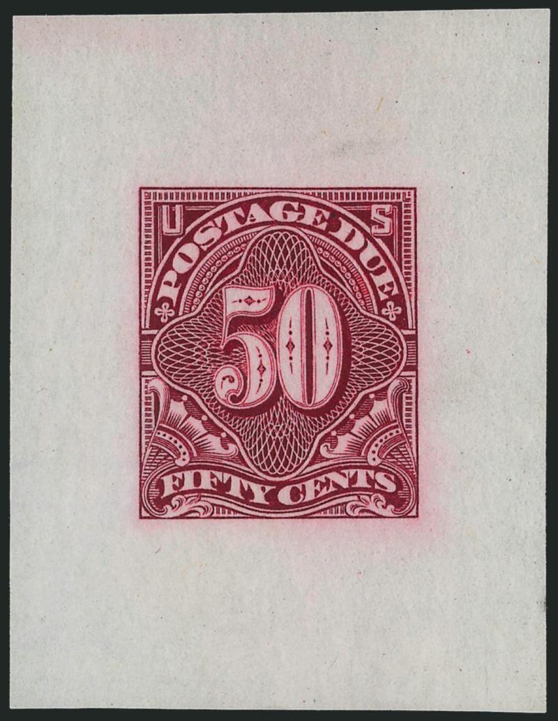 1c-50c Claret, 1894 Postage Due, Large Die Proofs (J31P1-J37P1).> Off-card, each approximately 35 x 46mm, 1c closed tear, 10c tiny covered hole, 30c slight color bleed from aniline ink, small thin and tiny
hole, otherwise Very Fine
