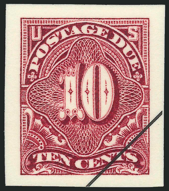 1c-50c Claret, 1894 Postage Due, Large Die Proofs (J31P1-J37P1).> All cut down to stamp size except 2c is 32 x 35mm, off-card, also extra 5c also cut down and on card backing, 2c plate proof on card (J32P4),
and <unlisted 1c, 2c and 10c proof singles