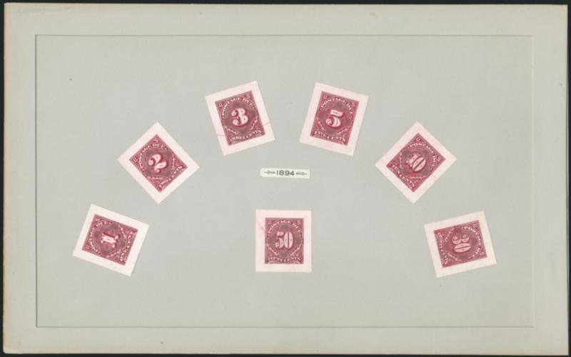 1c-50c Claret, 1894 Postage Due, Small Die Proofs (J31P2-J37P2).> Complete set on intact page from a Roosevelt album, 3c with die crack as always, Extremely Fine, very scarce, only 85 prepared