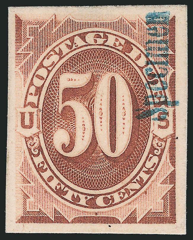 1c-50c Brown, 1879 Postage Due, Plate Proofs on Card, 13-12mm Blue Specimen Ovpt. (J1P4S var-J4P4S var, J6P4S var-J7P4S var).> Complete less 10c, ovpts. in various positions, two are inverted, large to huge
margins, Extremely Fine, very rare, 1c w