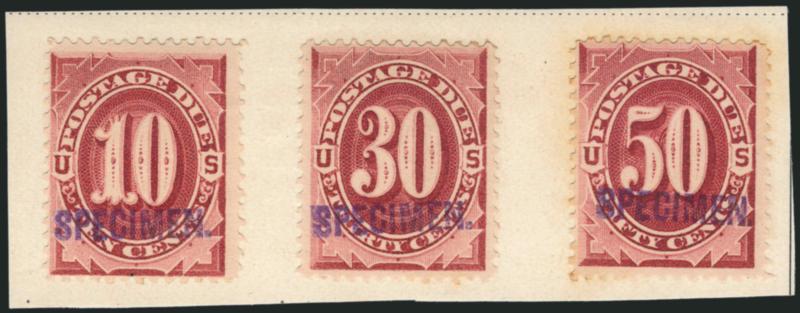 1c-50c Claret, 1891-93 Postage Due, Archival Specimen Ovpts. (J22S-J28S var).> Affixed to two strips of paper cut from an old stamp album, each bearing SPECIMEN handstamped ovpt., Marcus Samuel Ty. NA2 applied
by the Natal Post Office, the same a