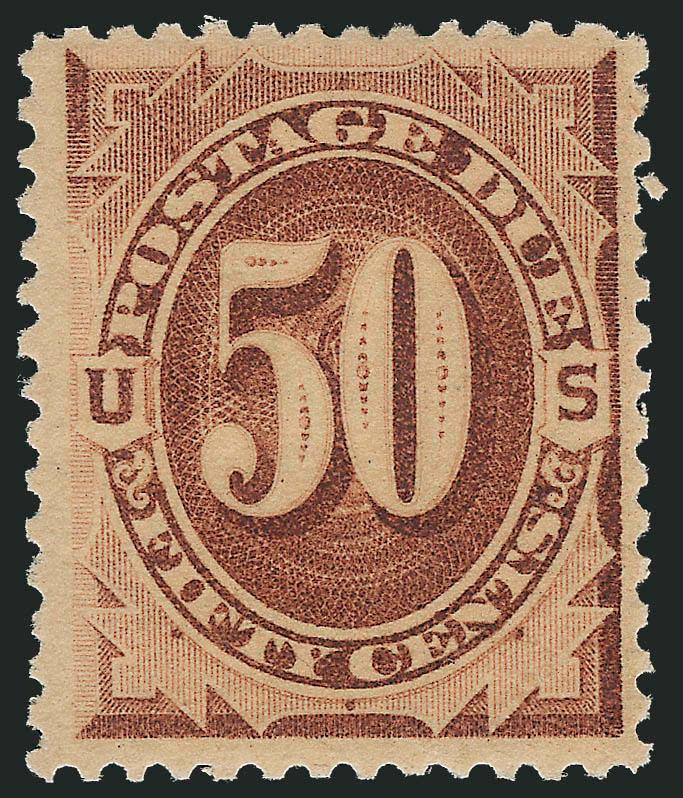 50c Brown (J7).> Original gum, choice margins and centering, sharp color and impression, nibbed perf at right, otherwise Extremely Fine, with 1990 P.S.E. certificate showing intact perforations (perf flaw
subsequent to issuance of certificate)