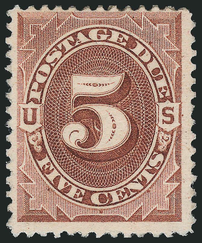 5c Deep Brown, Special Printing (J11).> Part original gum, bright color and paper<><>^FINE EXAMPLE OF THE RARE 5-CENT POSTAGE DUE SPECIAL PRINTING.^<><>It has been estimated that only 249 of the 5c Postage Due
Special Printing reached the public.