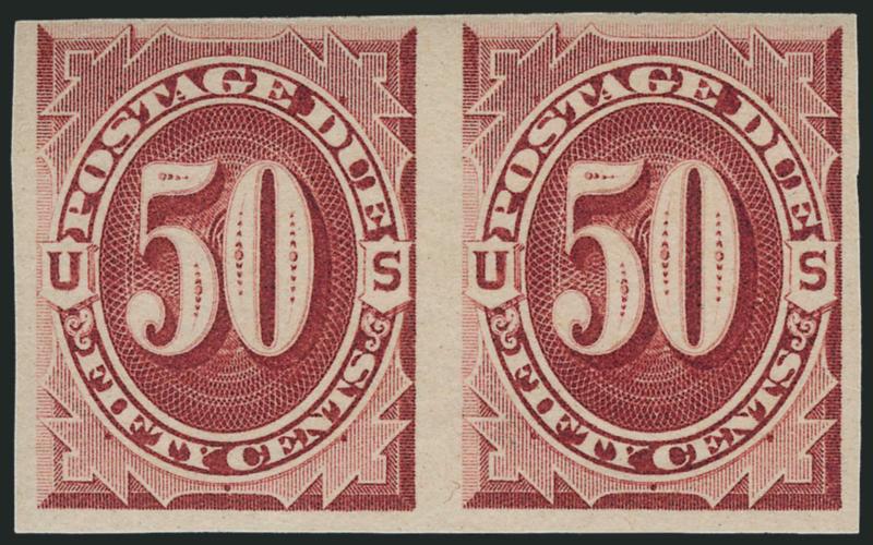 1c-50c Bright Claret, 1891-93 Postage Dues, Imperforate (J22a-J28a).> Horizontal pairs, complete set less 30c, original gum, 1c and 3c Mint N.H., 10c with bottom imprint margin, some natural gum wrinkles as
always, Extremely Fine, also incl. No. J31a