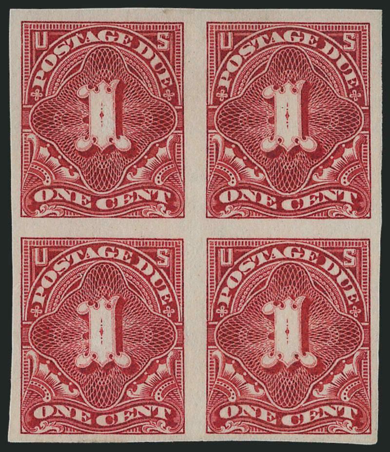 1c Claret, 1894-95 Postage Due, Imperforate (J31a).> Block of four, original gum, wide margins, fresh and bright, Extremely Fine