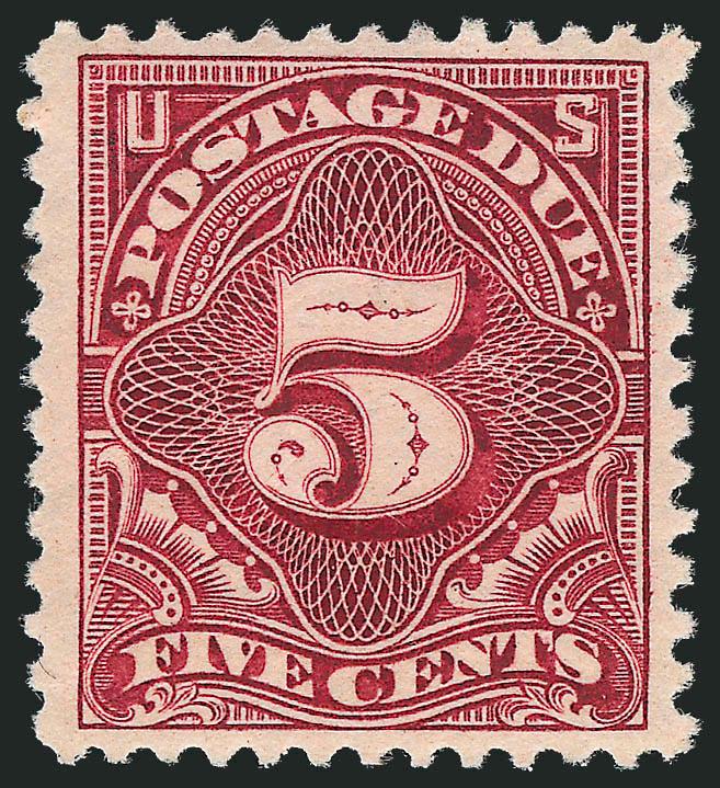 5c Deep Claret (J34).> Mint N.H., exceptionally well-centered, strong color and sharp impression, small natural gum creases, Extremely Fine, with 1997 P.S.E. certificate that does not mention the gum
creasing