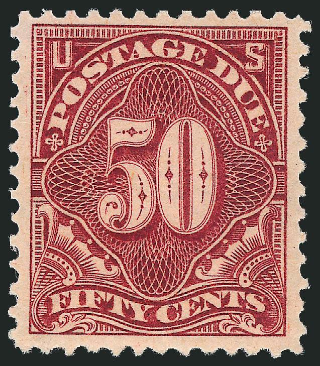 50c Deep Claret (J37).> Mint N.H., choice margins and almost perfectly centered, intense color on bright paper<><>^EXTREMELY FINE. CERTAINLY ONE OF THE FINEST KNOWN EXAMPLES OF THE 50-CENT 1894-95 POSTAGE DUE
HIGH VALUE AND RARE IN THIS MINT NEVER-