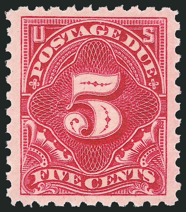 5c Carmine Rose (J55a).> Mint N.H., balanced margins and essentially perfectly centered, vibrant color, Extremely Fine, with 2006 P.S.E. certificate as Dull Rose (XF 90 SMQ $300.00)
