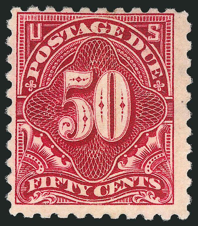 50c Carmine Lake (J58).> Disturbed original gum, rich color, centered to top, perfs clear<><>^FINE. THE 1914 50-CENT POSTAGE DUE WITH ORIGINAL GUM IS ONE OF THE RAREST OF ALL POSTAGE DUE STAMPS.^<><>Scott No.
J58 has the highest catalogue value o