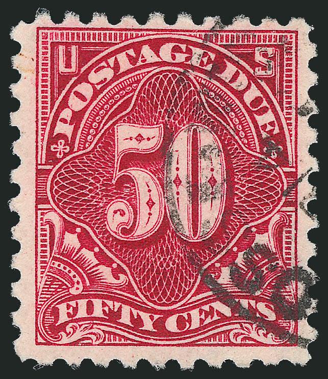 50c Carmine Lake (J58).> Attractively margined, lovely color and clear impression, light circular datestamp, Fine and attractive, difficult to find cancelled in this manner, with 2004 P.F. certificate
