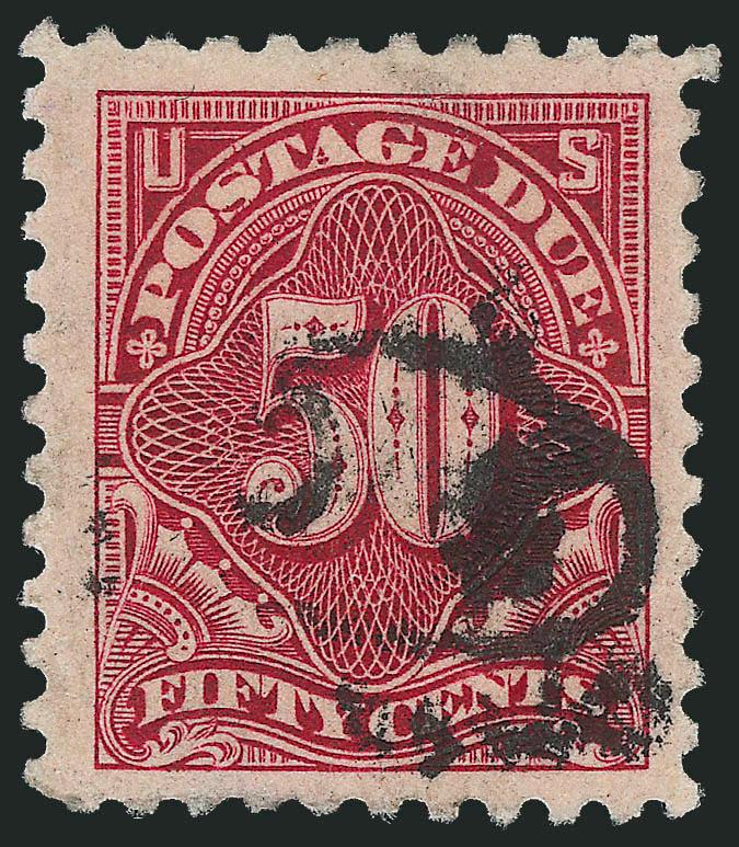 50c Carmine Lake (J58).> Two, one with exceptionally wide margins and nicely centered, partial double oval cancel, other typical centering and with Chicago Illinois local precancel, former small tear towards
right, latter couple trivial perf flaws,