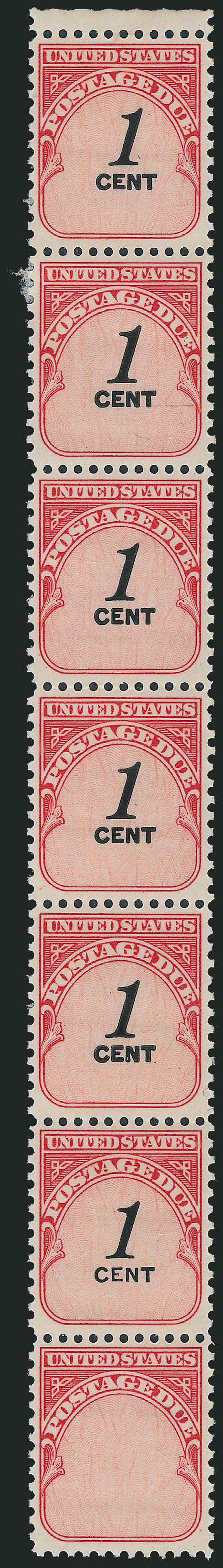 1c Carmine Rose, Pair, One Without 1 Cent (J89b).> Mint N.H. vertical strip of seven, bottom pair the error, Very Fine