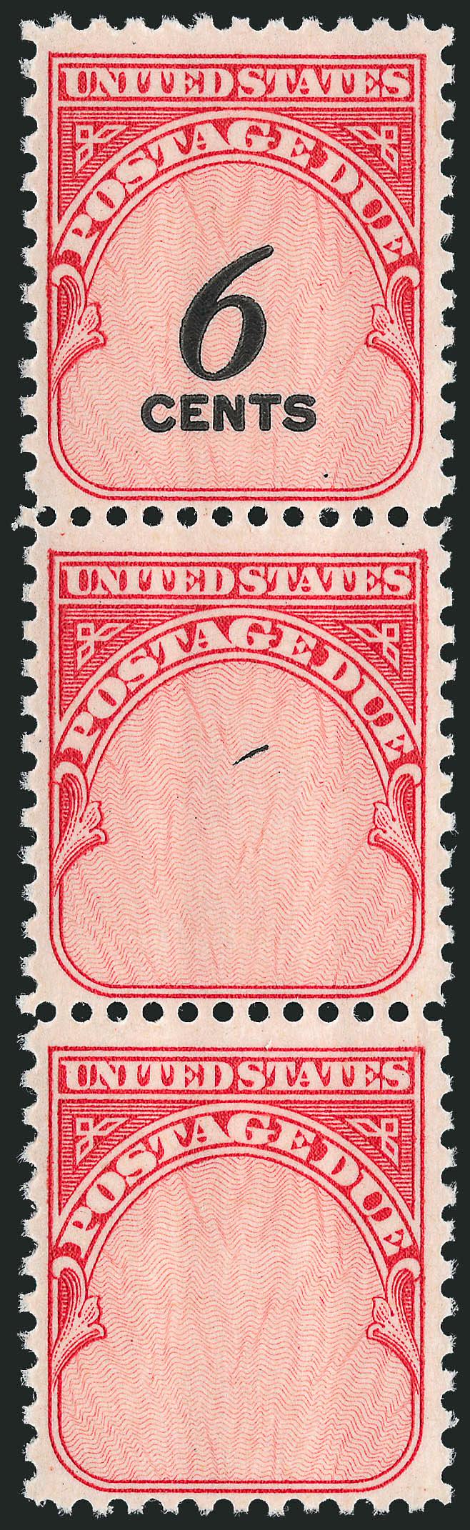 6c Carmine Rose, Pair, One Without 6 Cents (J94a).> Mint N.H. transitional strip of three, top 6 CENTS complete, middle tiny trace of the 6 upstroke, bottom blank, Fine-Very Fine