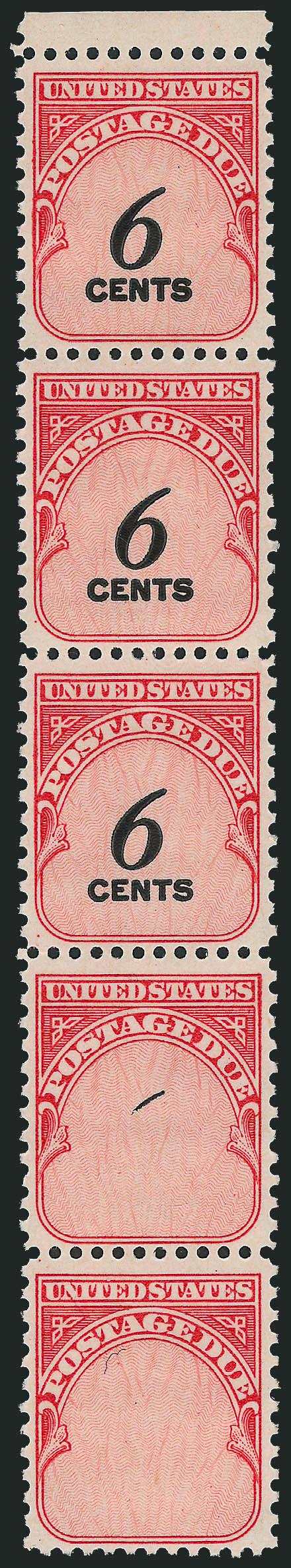6c Carmine Rose, Pair, One Without 6 Cents (J94a).> Mint N.H. transitional strip of five, top three 6 CENTS complete, pos. 4 tiny trace of the 6 upstroke, bottom pos. 5 blank, Fine-Very Fine, with 2001 P.F.
certificate