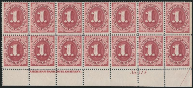 1c Bright Claret (J22).> Matched top and bottom imprint and plate no. 314 blocks of ten and 14 respectively, top light toning and selvage rejoined, bottom Mint N.H., natural pre-print paper fold and
separation, otherwise Fine