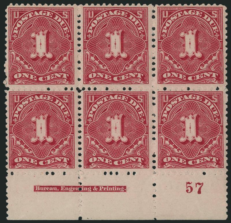 1c Deep Claret (J31).> Mint N.H. bottom imprint and plate no. 57 block of six, fresh and crisp, attractively centered, Very Fine