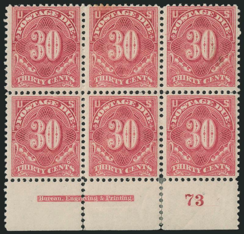 30c Deep Claret (J36).> Bottom imprint and plate no. 73 block of six, top right and top left stamps Mint N.H., others h.r., bright color, few sensibly reinforced perf separations<><>^VERY FINE APPEARANCE. A
RARE PLATE BLOCK OF THE 30-CENT UNWATERMA