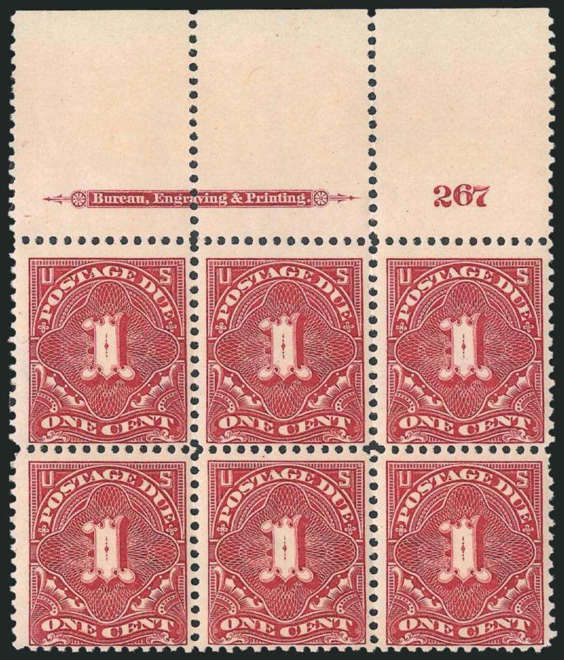 1c Deep Claret (J38).> Mint N.H. top and bottom imprint and plate no. 267 blocks of six, top position exceptionally wide selvage, Fine-Very Fine, lovely matched pair