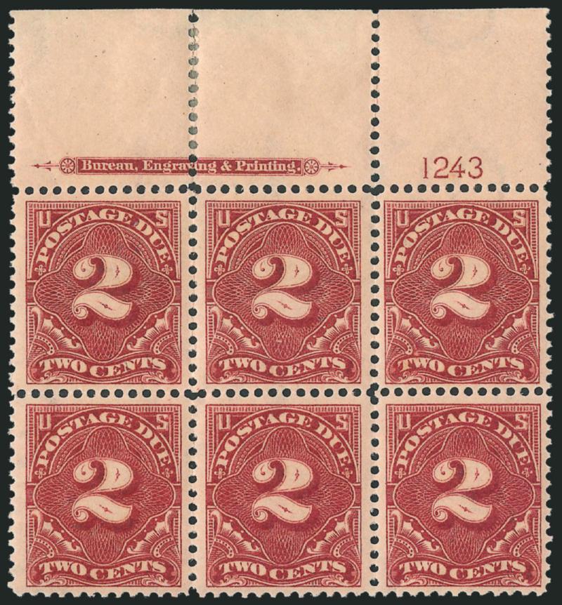 1c, 2c Deep Claret, Shades (J38-J39).> Imprint and plate no. blocks of six, three of each, one 1c plate block of ten original gum, one 1c Mint N.H., all different plate nos., few minor separations, virtually
all Fine-Very Fine