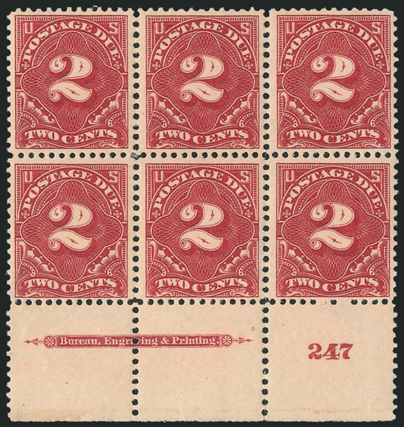 2c Deep Claret (J39).> Mint N.H. bottom imprint and plate no. 247 block of six, uncommonly well-centered, Very Fine-Extremely Fine, scarce Postage Due plate block, with 2008 P.S.E. certificate