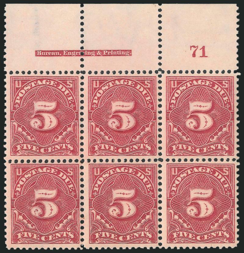3c Deep Claret, 5c Rose Carmine (J40-J41).> Top imprint and plate no. blocks of six, one 3c thin spot, 5c separations neatly reinforced with hinge slivers, Fine-Very Fine appearance
