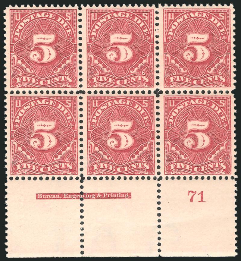 5c Deep Claret, Postage Due (J41).> Mint N.H. bottom imprint and plate no. 71 block of six, rich color and detailed impression, Very Fine and choice, scarce in such pristine condition