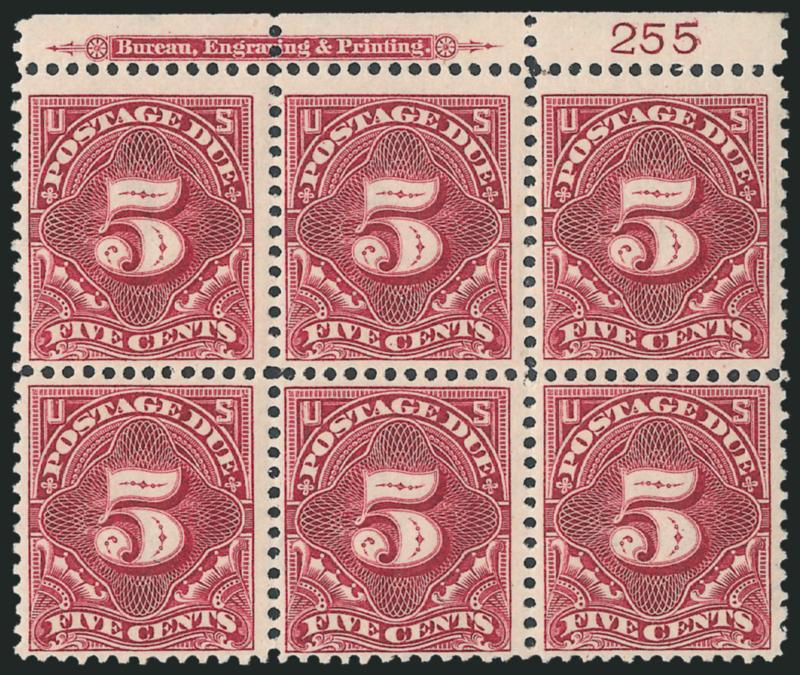 5c Deep Claret (J41).> Mint N.H. top imprint and plate no. 255 block of six, narrow selvage clear of imprint and plate no., Fine-Very Fine