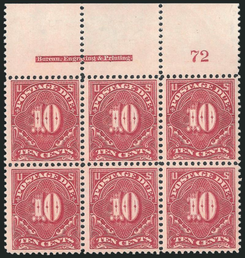 10c Deep Claret (J42).> Wide top imprint and plate no. 72 block of six, faintly hinged in selvage, stamps Mint N.H., lovely color, Fine-Very Fine, Scott Retail as six Mint N.H. singles (hinged plate block
catalogs $1,050.00)