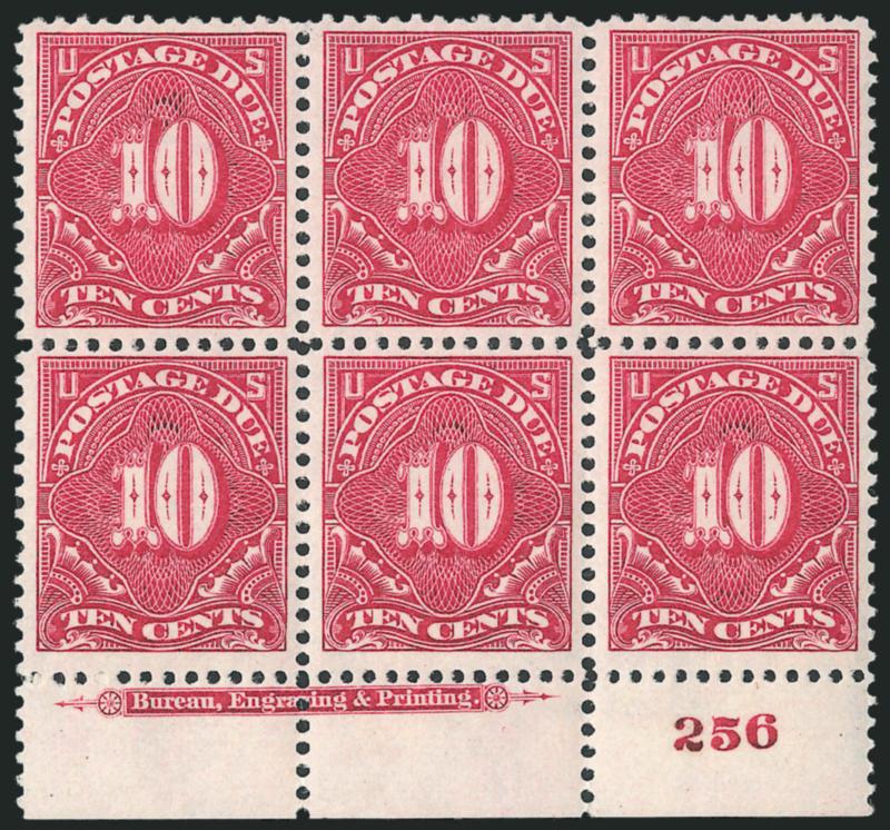 10c Carmine (J42).> Mint N.H. bottom imprint and plate no. 256 block of six, light 42 Carmine in pencil on back of selvage, extraordinarily well-centered, Very Fine-Extremely Fine, outstanding quality