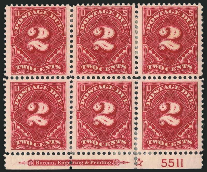 1c, 2c Deep Claret (J45-J46).> Bottom imprint, star and plate no. blocks of six, two of the 2c (one Mint N.H.), 1c and other 2c some reinforcement, 1c also couple natural perf dimples and 2c adherences,
otherwise Fine-Very Fine
