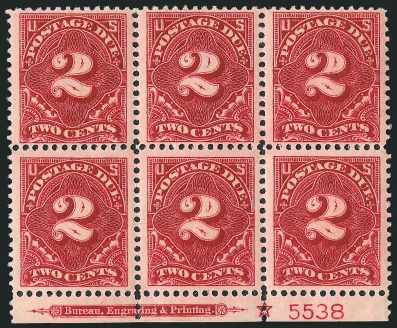 2c Deep Claret (J46).> Mint N.H. bottom imprint, star and plate no. 5538 block of six, intense color, Fine-Very Fine