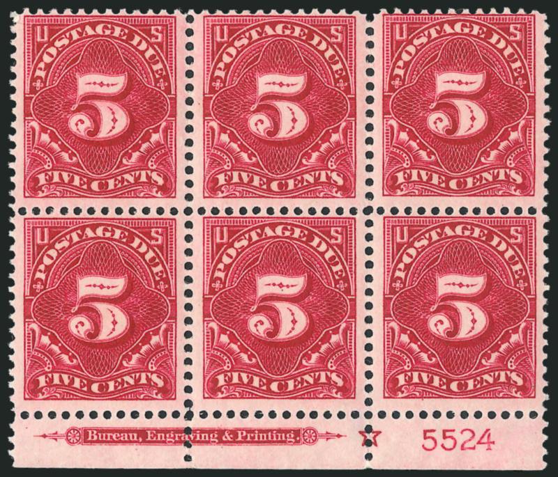 5c Deep Claret (J48).> Bottom imprint, star and plate no. 5524 block of six, pos. 2 small h.r., others Mint N.H., deep rich color, Fine, Scott Retail as five Mint N.H. and one hinged singles (hinged plate
block catalogs $1,150.00)