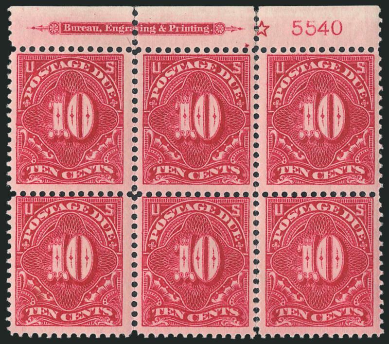 10c Deep Claret (J49).> Top imprint, star and plate no. 5540 block of six, some separations neatly reinforced with hinge slivers, Fine appearance