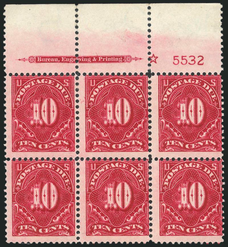 10c Deep Claret (J49).> Mint N.H. wide top imprint, star and plate no. 5532 block of six, deep rich color, Very Good, Scott Retail as six Mint N.H. singles (Mint N.H. plate block not listed, hinged is
$1,500.00)