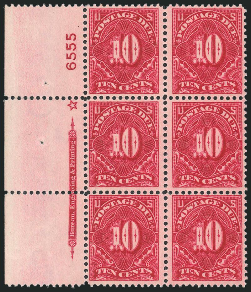 10c Rose Carmine (J49a).> Wide left imprint, star and plate no. 6555 block of six, stamps Mint N.H., slight thin in selvage and small separation, otherwise Fine-Very Fine, with 2008 P.S.E. certificate