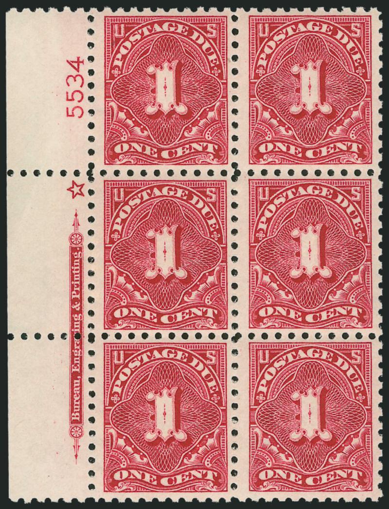 1c Carmine Lake (J52).> Mint N.H. left imprint, star and plate no. 5534 block of six, radiant color on bright white paper, post-office fresh and Very Fine, with 2002 P.F. certificate for plate block of
nine