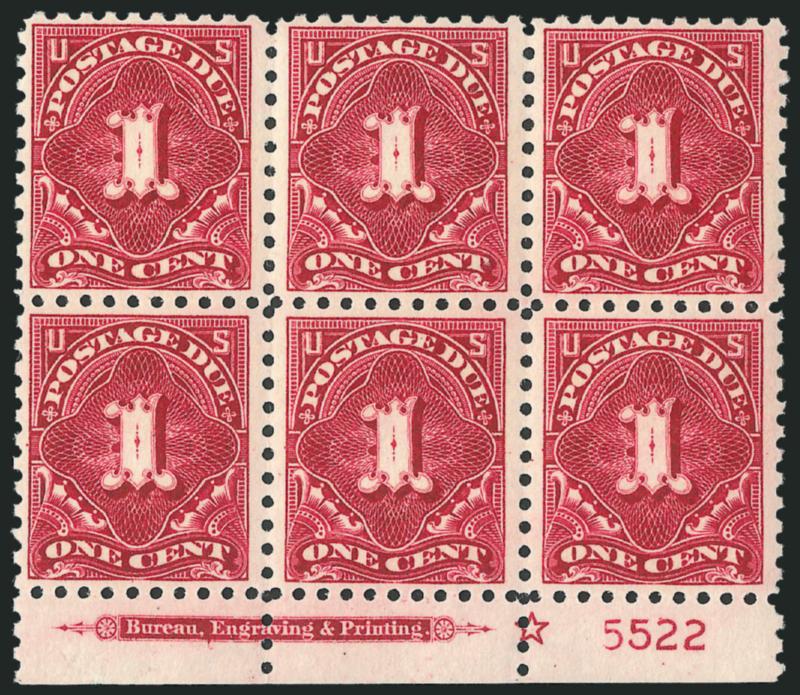 1c Carmine Lake (J52).> Mint N.H. bottom imprint, star and plate no. 5522 block of six, intense color and exceptionally fresh, Fine-Very Fine