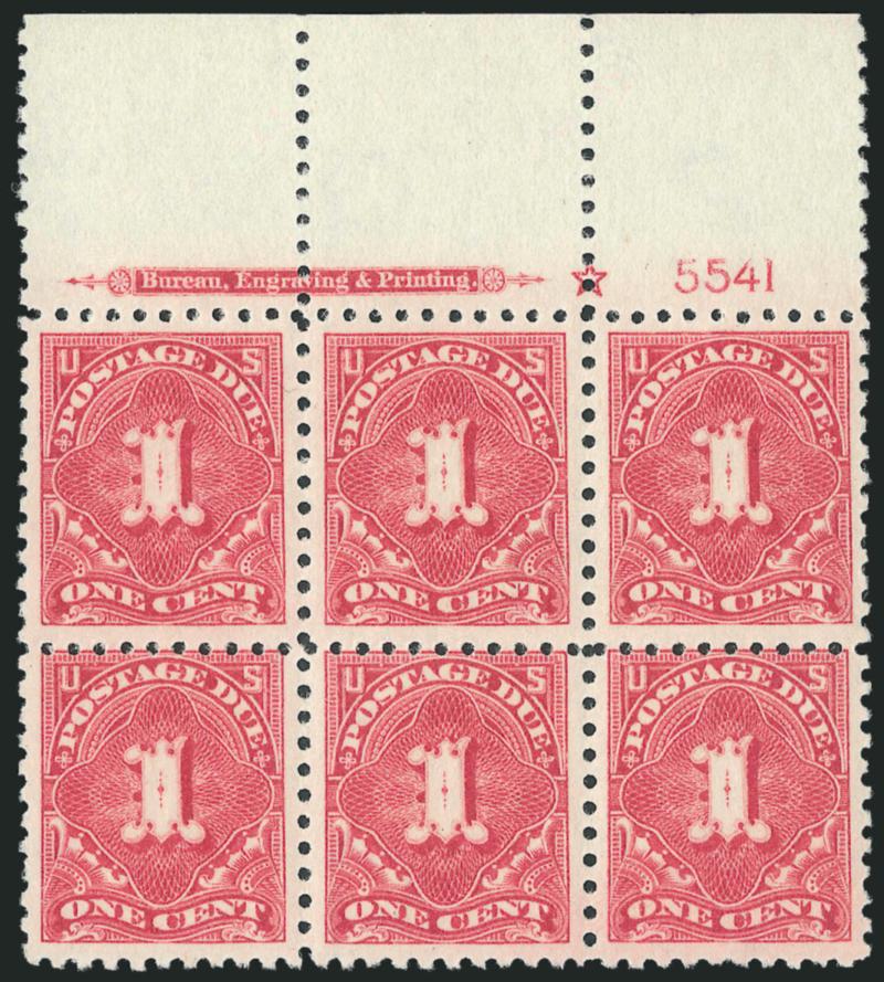 1c Dull Rose (J52a).> Mint N.H. wide top imprint, star and plate no. 5541 block of six, pretty pastel color, top three wide margins and centered, bottom three slightly in at top, Fine and attractive plate
block