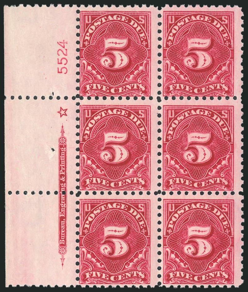 5c Carmine Lake (J55).> Mint N.H. wide left imprint, star and plate no. 5524 block of six, fresh and Fine