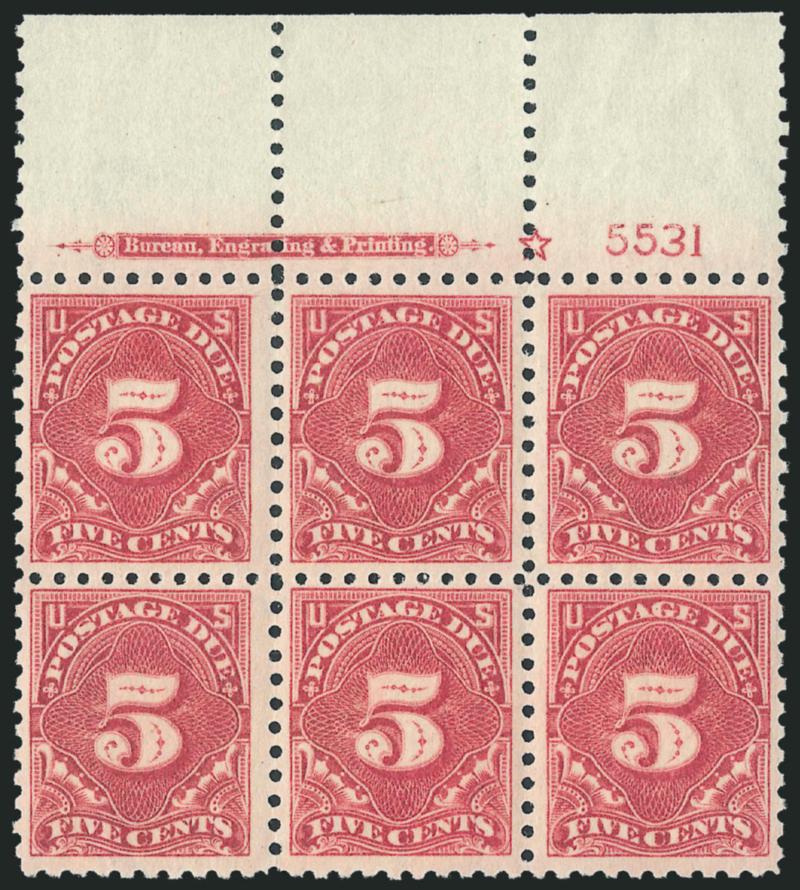 5c Dull Rose (J55a).> Mint N.H. wide top imprint. star and plate no. 5531 block of six, somewhat darker shade and better centered than typically encountered, pos. 3 natural inclusion, Very Fine