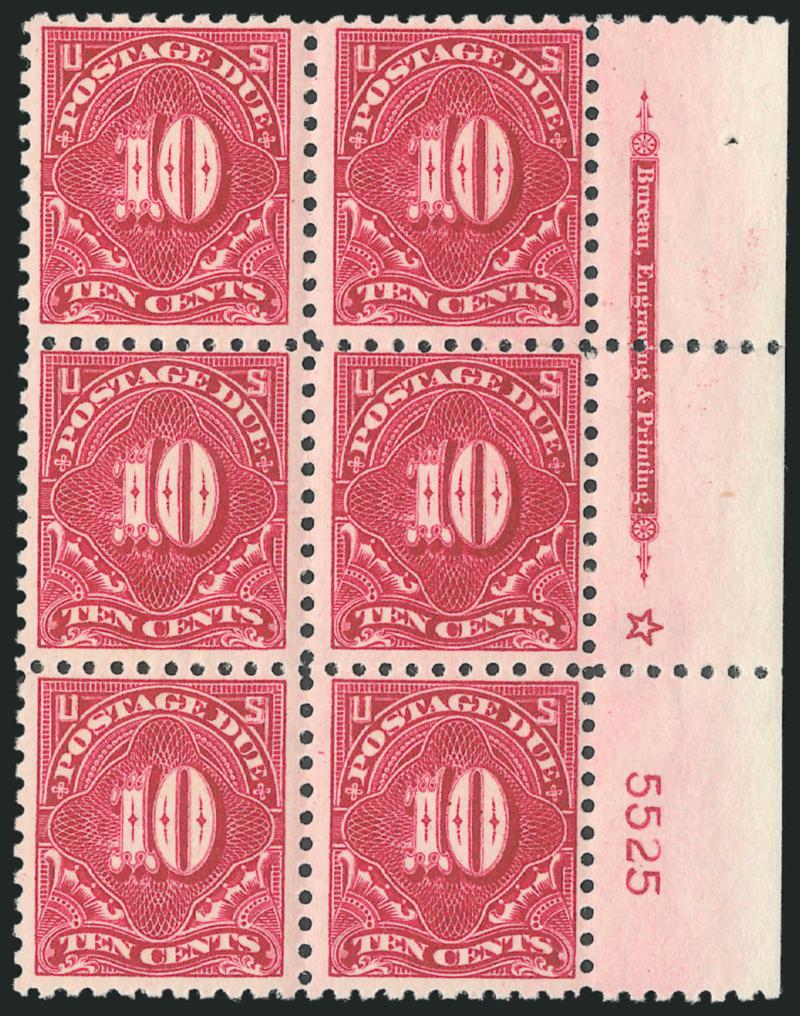10c Carmine Lake, Carmine Rose (J56, J56a).> Imprint, star and plate no. 5525 blocks of six, former faintly hinged in selvage, latter lightly hinged, Fine pair of plate blocks