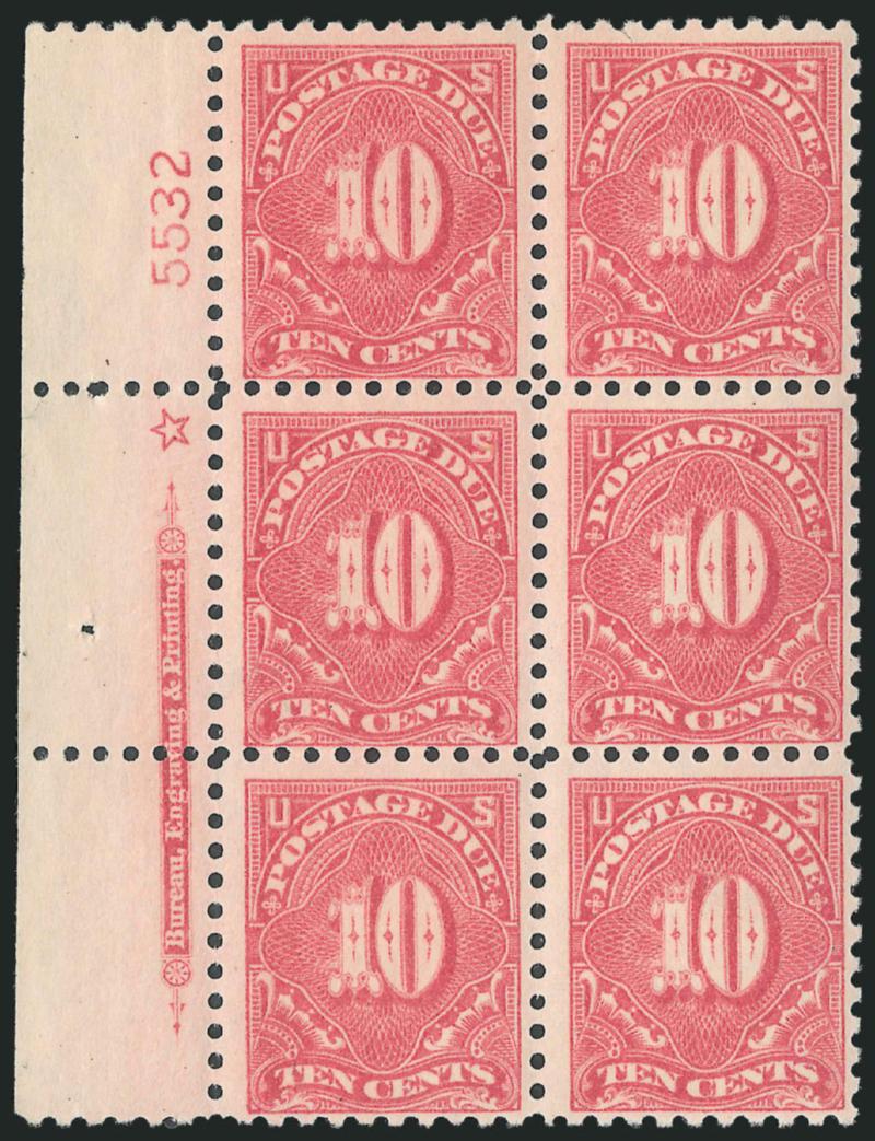 10c Dull Rose (J56a).> Left imprint, star and plate no. 5532 block of six, bright color and clear impression, Fine