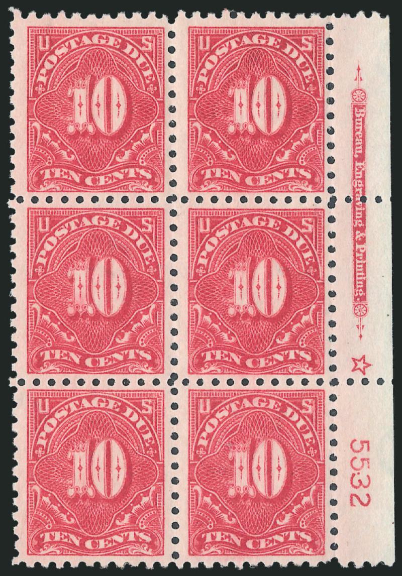 10c Dull Rose (J56a).> Three imprint, star and plate no. 5532 blocks of six, different positions, fresh and bright, Fine-Very Fine