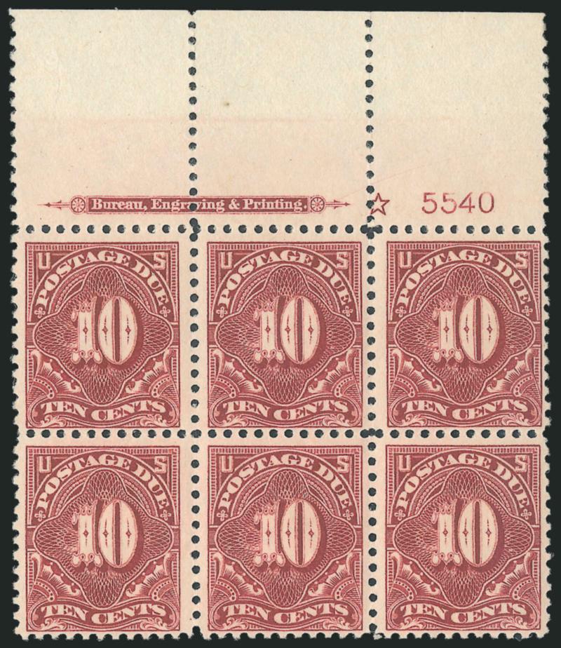1c-30c Claret Brown, 1917 Postage Due (J61b-J66a).> Plate no. blocks of six, 1c hinged, others Mint N.H., 1c-3c plate nos. only, 5c-30c imprint, star and plate nos., 30c narrow selvage, nearly all Fine-Very
Fine, 30c unlisted in Mint N.H. condition