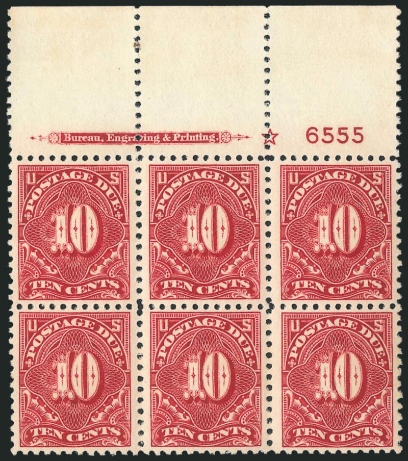 10c Rose Red (J65a).> Mint N.H. wide top imprint, star and plate no. 6555 block of six, wonderfully well-centered, crisp and bright, Extremely Fine, fabulous plate block, with 2007 P.F. certificate