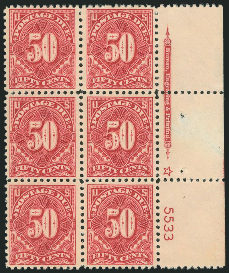 50c Carmine Rose (J67).> Mint N.H. right plate no. block of six, bright color, Extremely Fine, a spectacularly-choice plate block