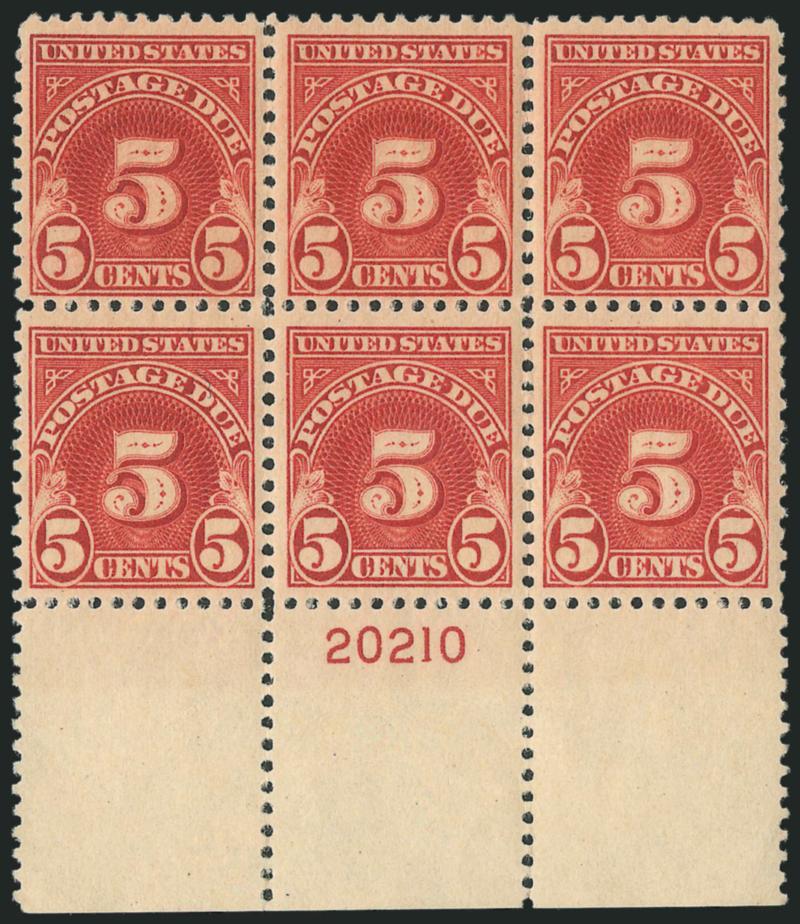 5c Carmine (J73).> Seven plate no. blocks of six, four different nos., matched top and bottom sets for three, virtually all Fine-Very Fine