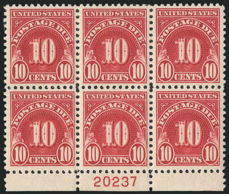 10c Carmine (J74).> Four different bottom plate no. blocks of six, one with small gum disturbances from hinge removal, otherwise Fine-Very Fine